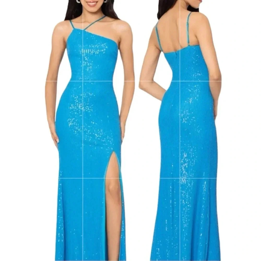 Xscape Evenings Sequin Asymmetric Neck Gown Prom Floor Length Size 4 Side Slit